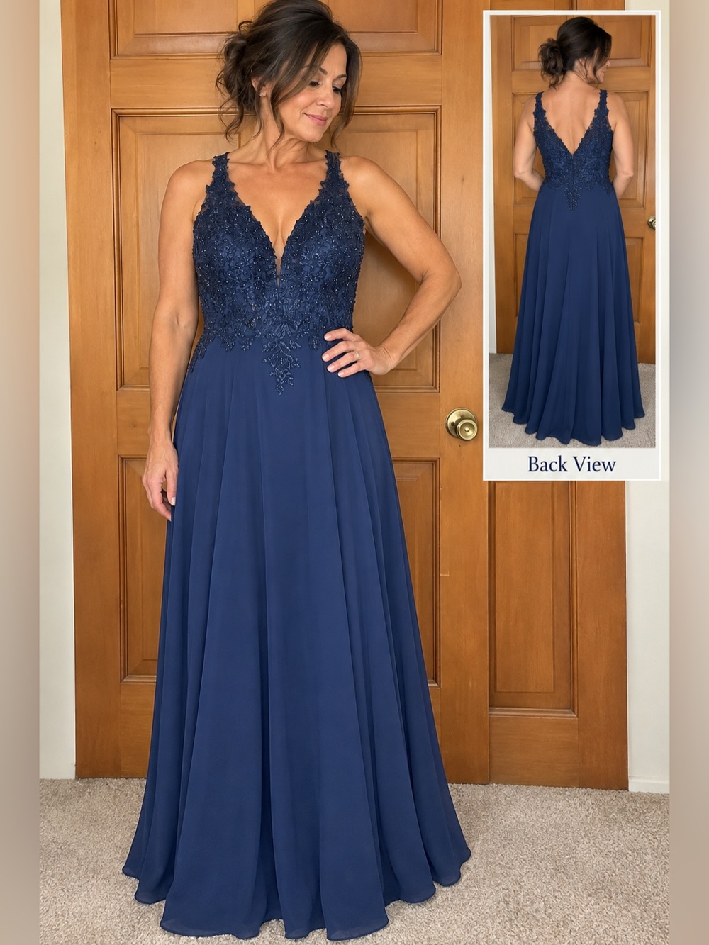 Aspeed Navy Blue Lace Appliqué Evening Gown